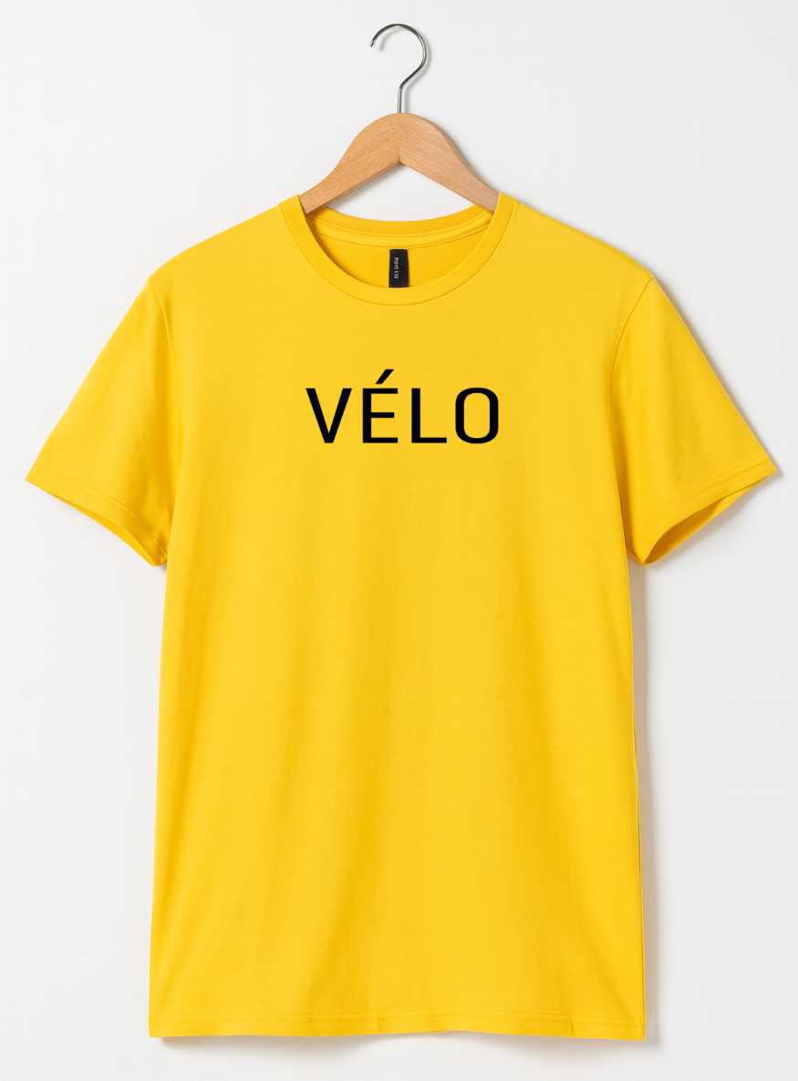 Yellow t-shirt with 'VELO' text on a hanger against a white background