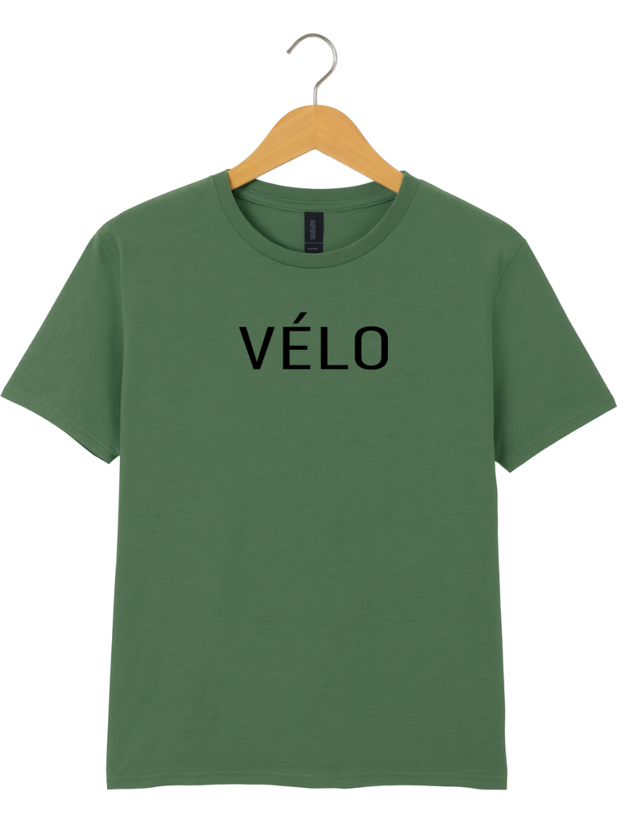 Green t-shirt with 'VELO' text on a wooden hanger against a white background