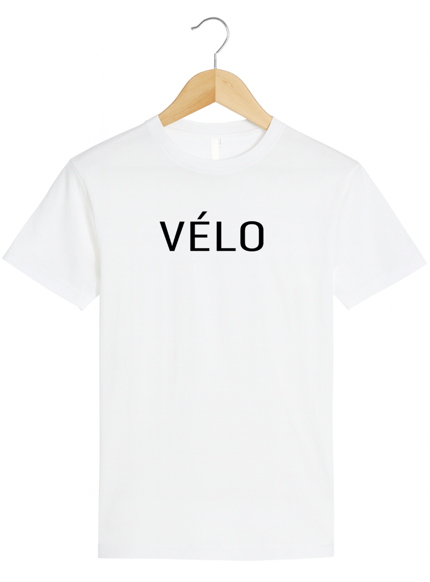 White t-shirt with 'Vélo' text on a hanger against a white background