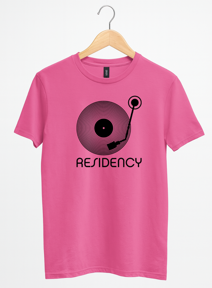 Pink t-shirt with a black graphic and 'Residency' text on a white background