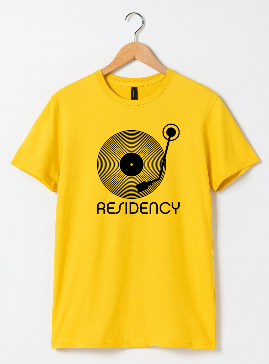 Yellow t-shirt with a black graphic and 'Residency' text on a white background