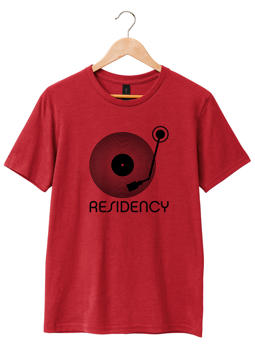 Red t-shirt with black graphic and 'Residency' text on a hanger against a white background