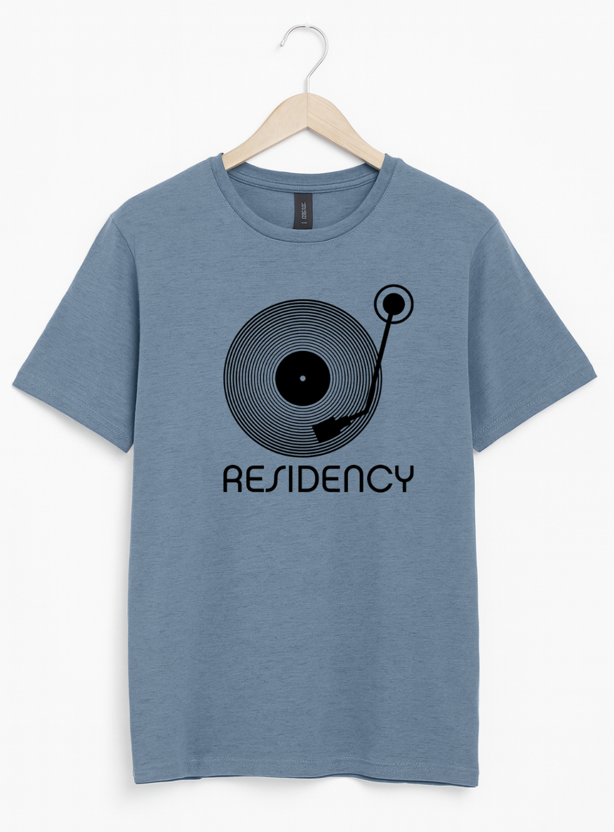 Blue t-shirt with a black graphic and 'Residency' text on a white background
