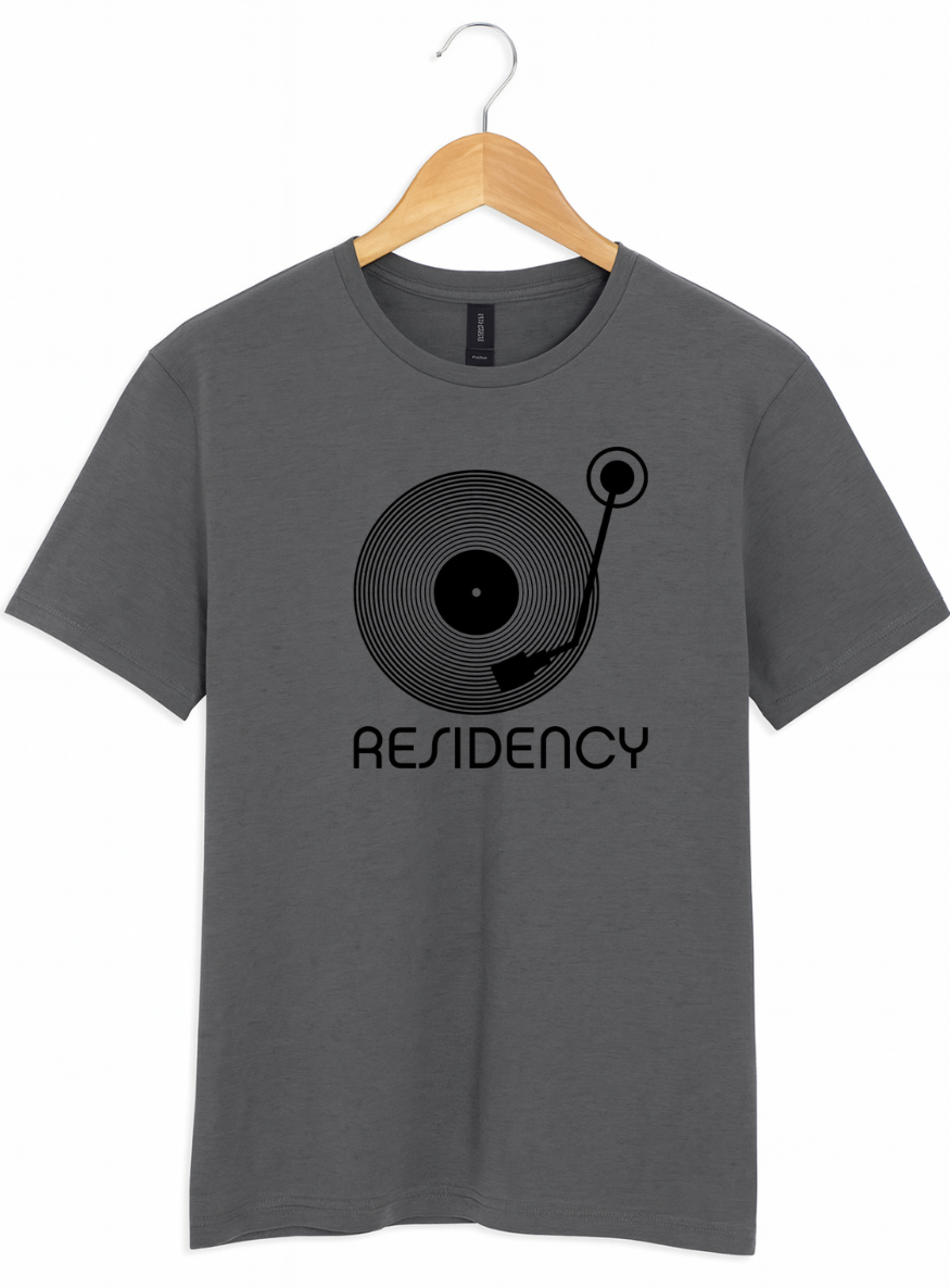 Grey t-shirt with a black record player graphic and 'Residency' text on a white background