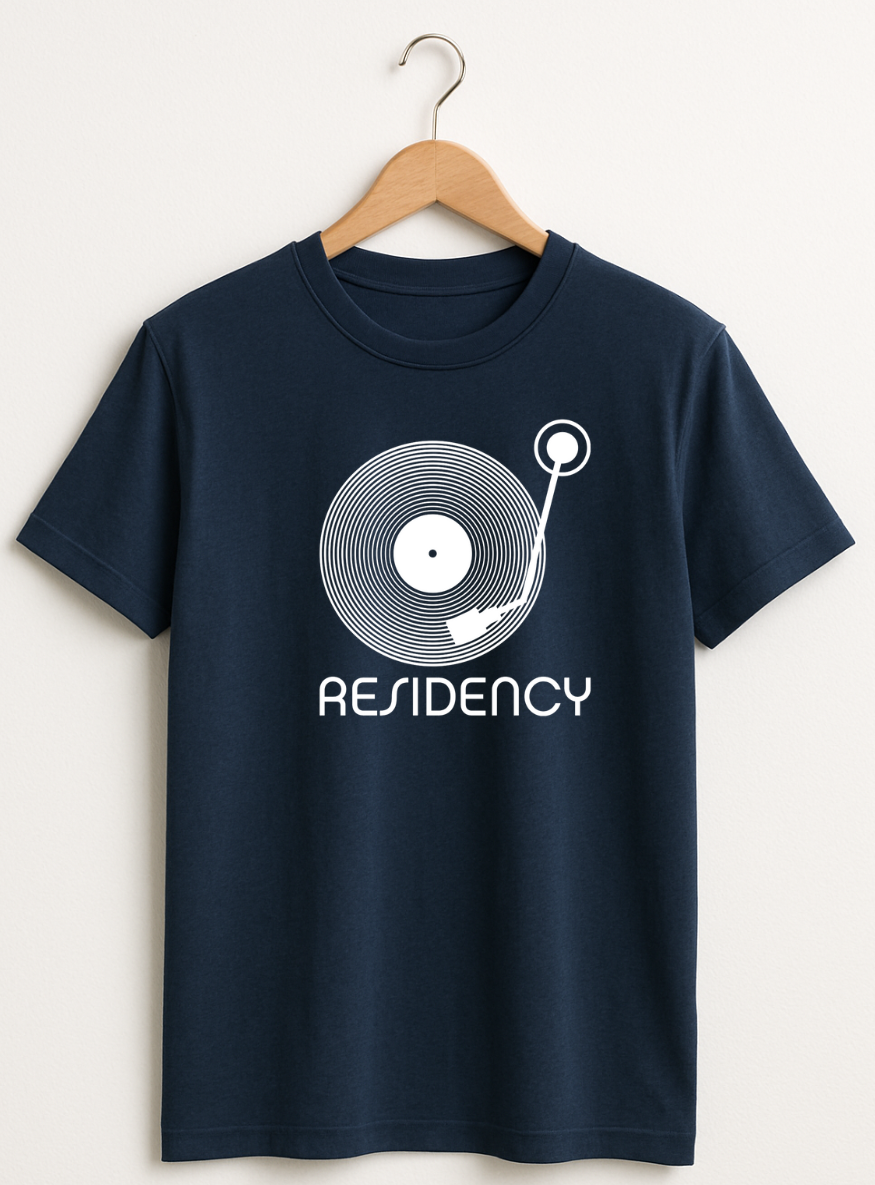Navy blue t-shirt with white graphic and 'RESIDENCY' text on a hanger against a white background