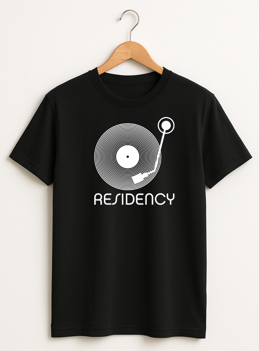 Black t-shirt with white graphic design and 'Residency' text on a hanger against a white background