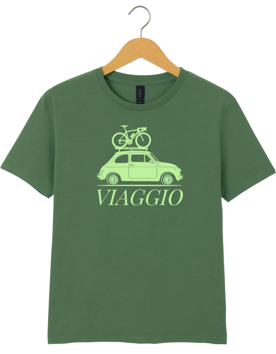 Green  t-shirt featuring a mint green graphic of a vintage car with a bicycle on the roof and the word “Viaggio” printed below.
