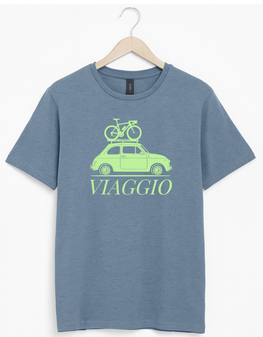 Blue t-shirt featuring a mint green graphic of a vintage car with a bicycle on the roof and the word “Viaggio” printed below.