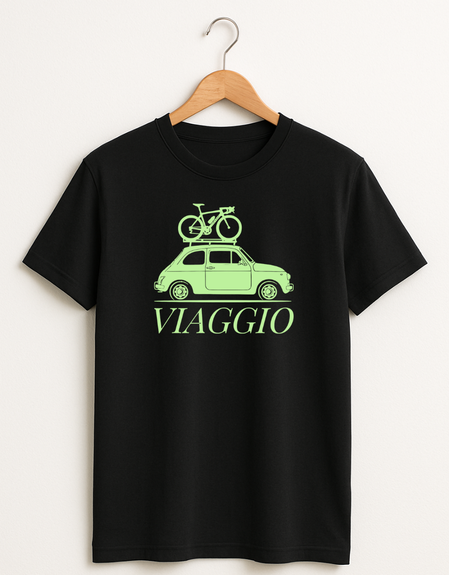 Black t-shirt featuring a mint green graphic of a vintage car with a bicycle on the roof and the word “Viaggio” printed below.
