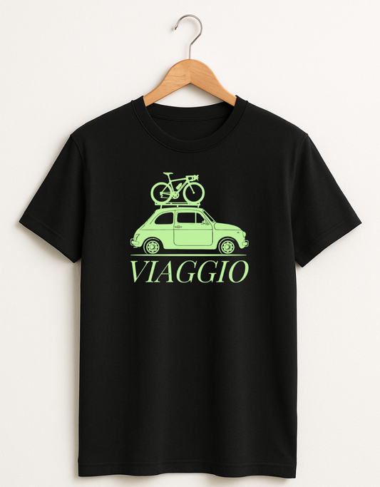 Black t-shirt featuring a mint green graphic of a vintage car with a bicycle on the roof and the word “Viaggio” printed below.