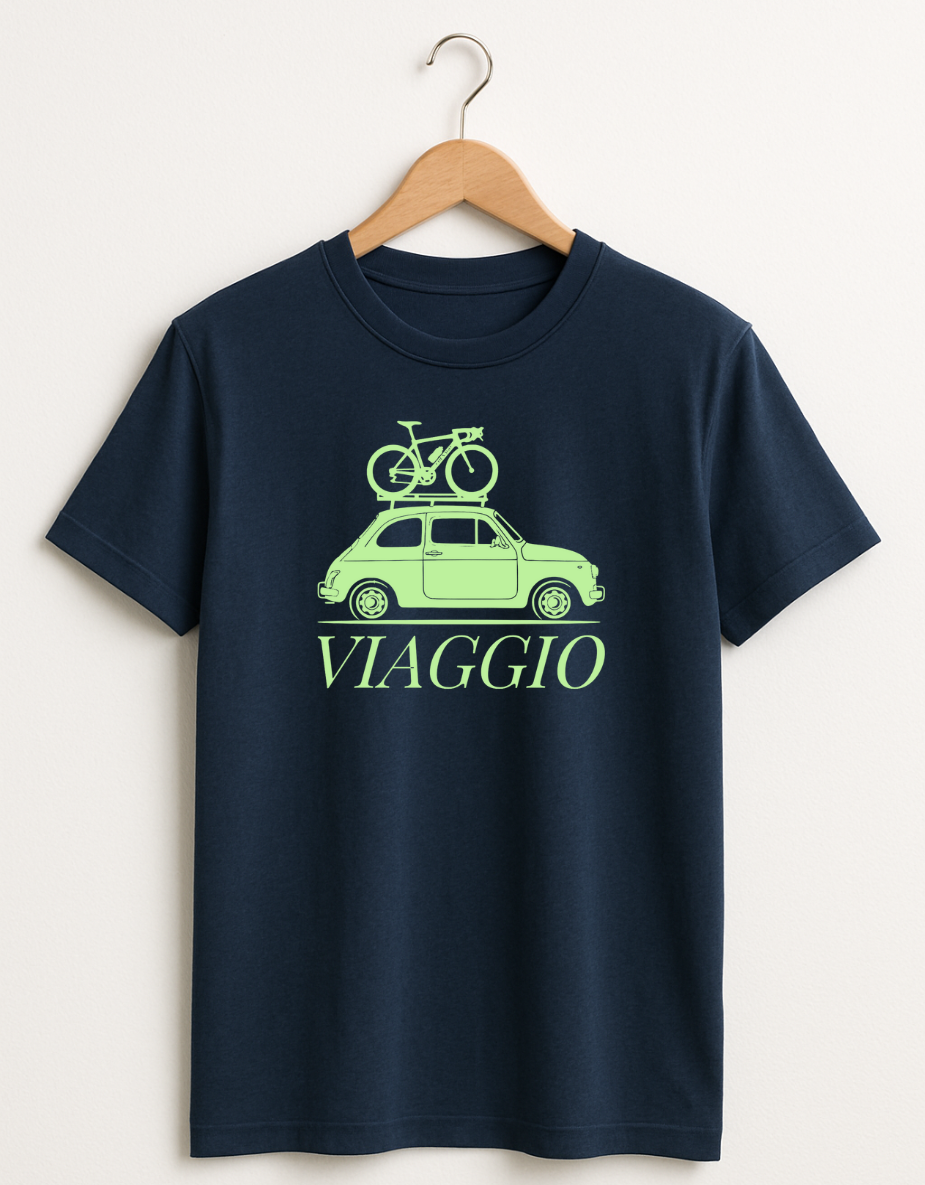 Navy t-shirt featuring a mint green graphic of a vintage car with a bicycle on the roof and the word “Viaggio” printed below.