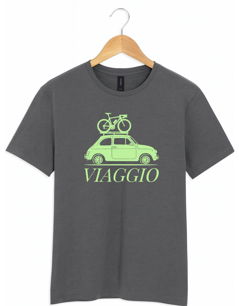Grey  t-shirt featuring a mint green kgraphic of a vintage car with a bicycle on the roof and the word “Viaggio” printed below.