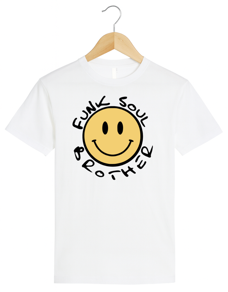 White t-shirt with a smiley face and text on a hanger against a white background
