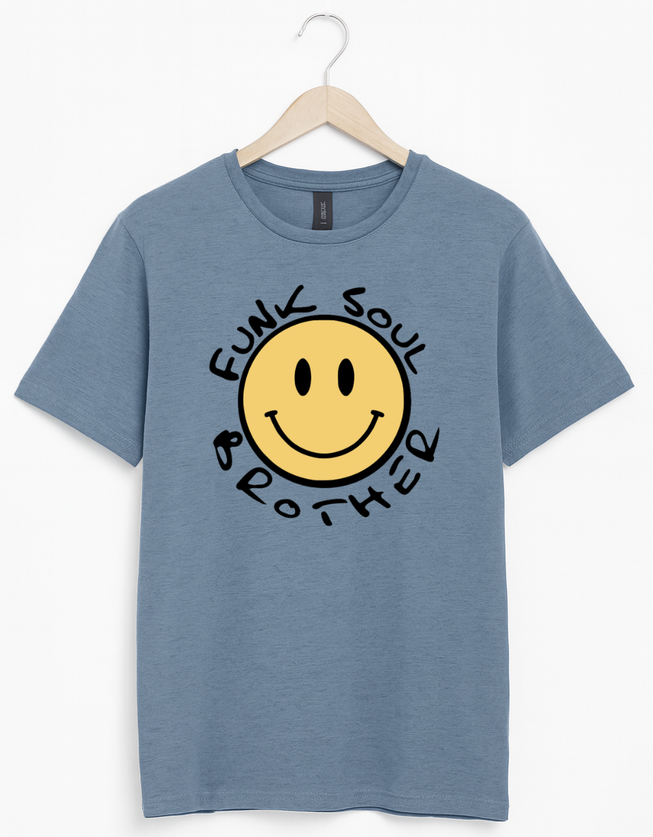Blue t-shirt with a yellow smiley face and text on a white background