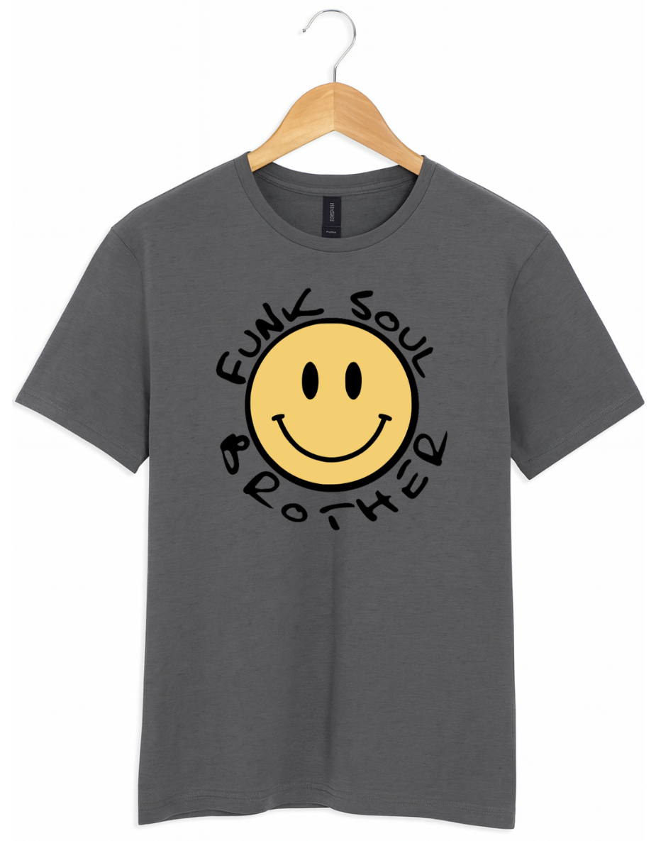 Grey t-shirt with a yellow smiley face and text on a hanger against a white background