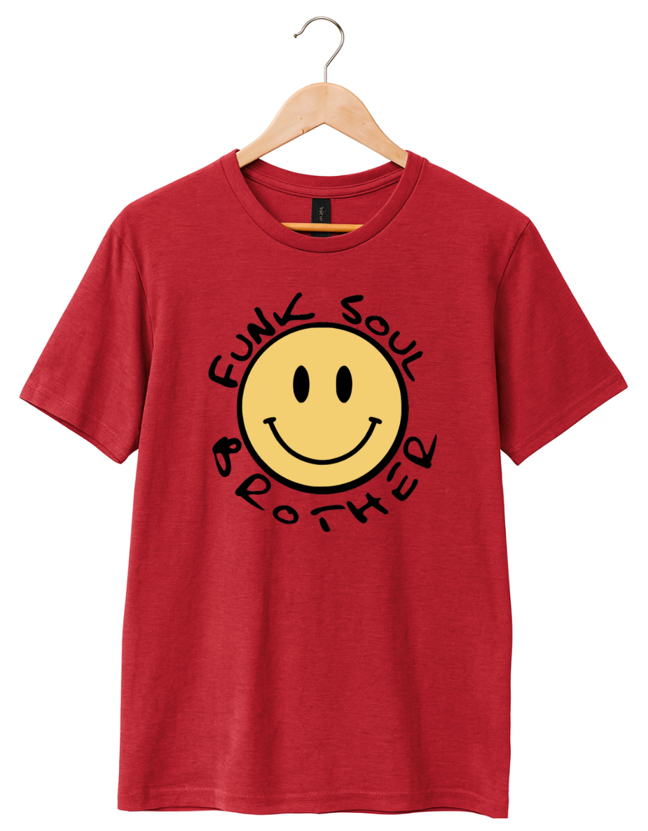 Red t-shirt with a smiley face graphic and text on a white background