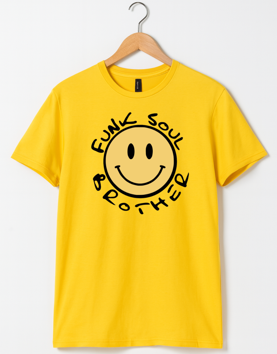 Yellow t-shirt with smiley face graphic and text on a hanger against a white background