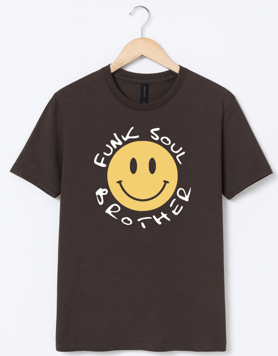 Brown t-shirt with a yellow smiley face and text on a white background
