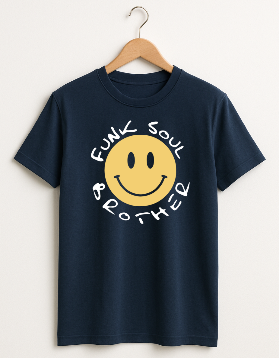Navy blue t-shirt with yellow smiley face and text on a hanger against a white background