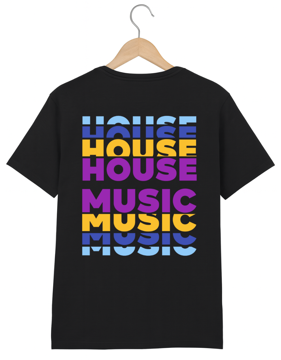 Black t-shirt with 'HOUSE MUSIC' text in colorful letters on a hanger against a white background