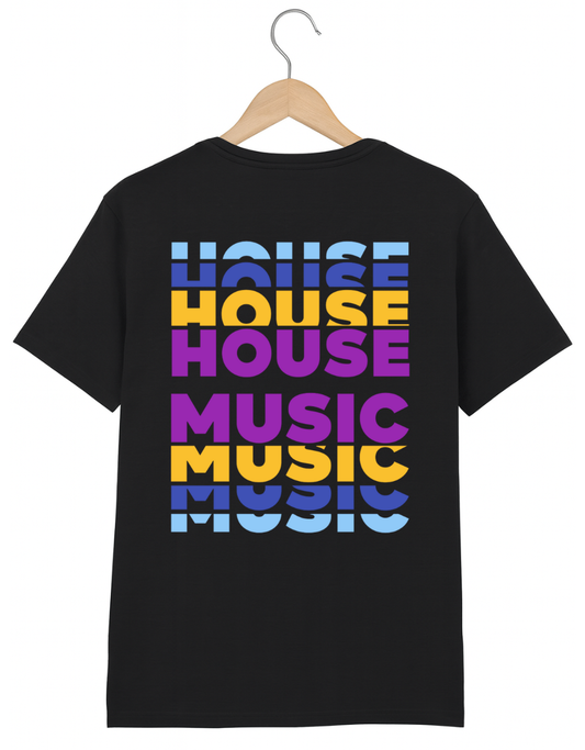 Black t-shirt with 'HOUSE MUSIC' text in colorful letters on a hanger against a white background