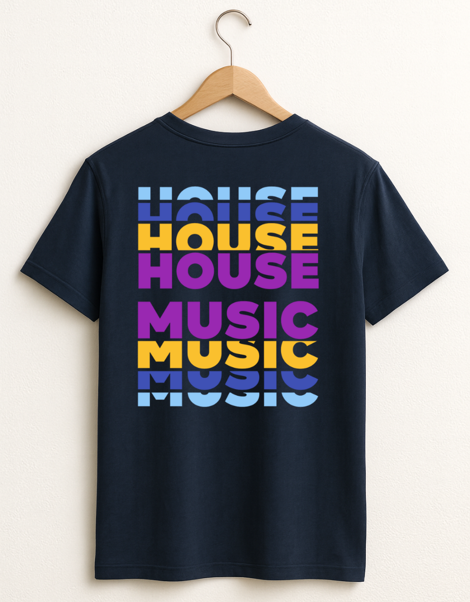 Navy blue t-shirt with 'HOUSE MUSIC' text in colorful letters on a hanger.