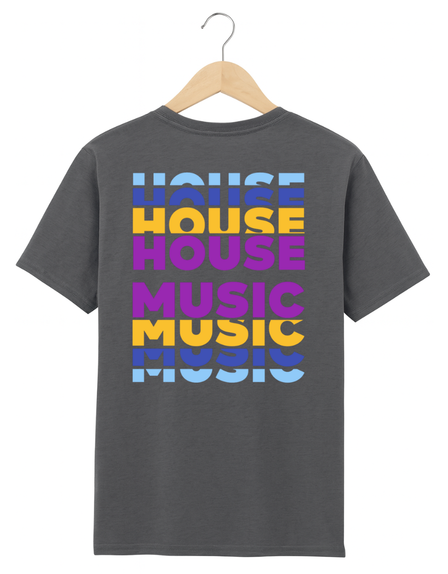 Grey t-shirt with colorful 'House Music' text on a hanger against a white background