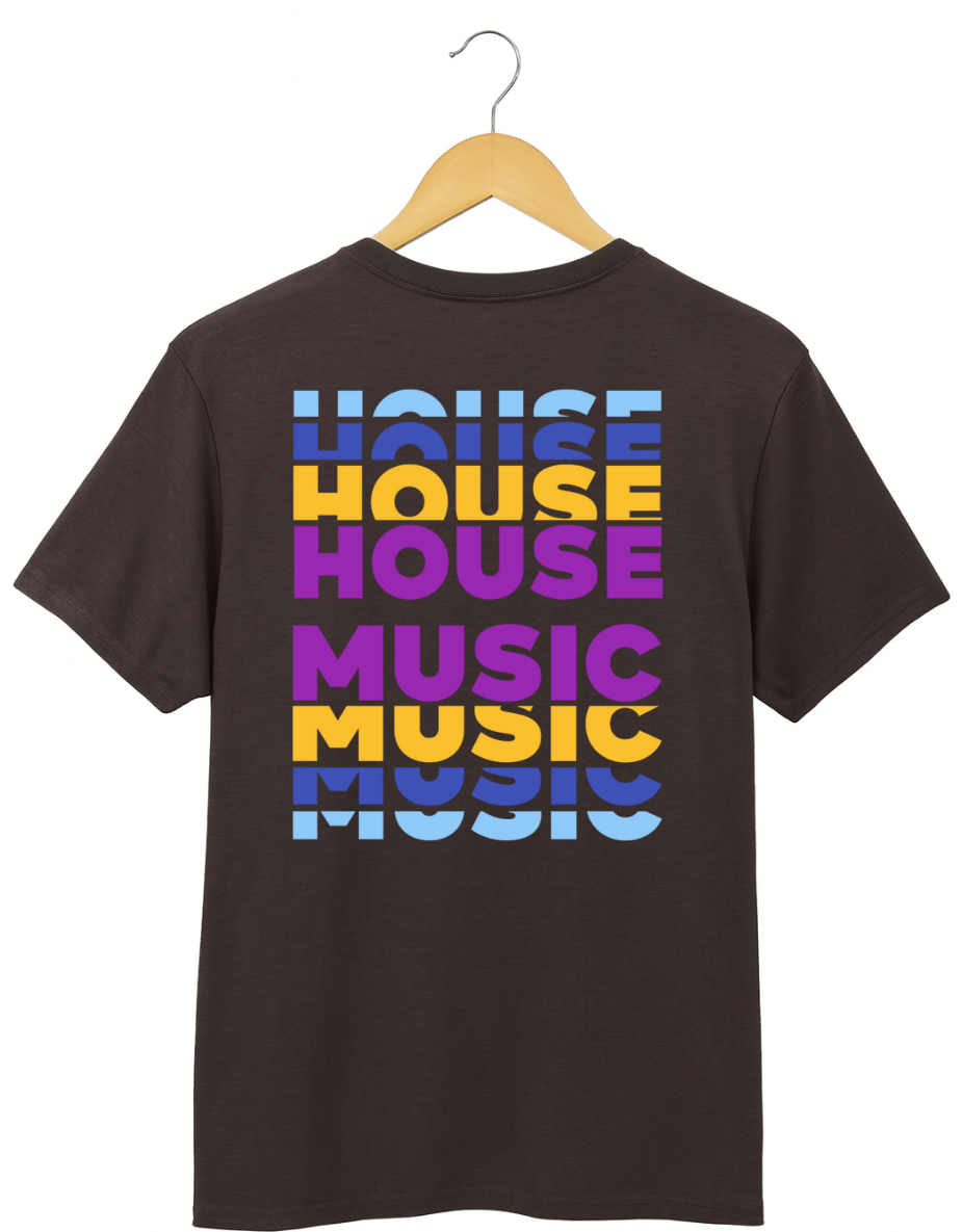 Brown t-shirt with 'HOUSE MUSIC' text in colorful letters on a hanger.