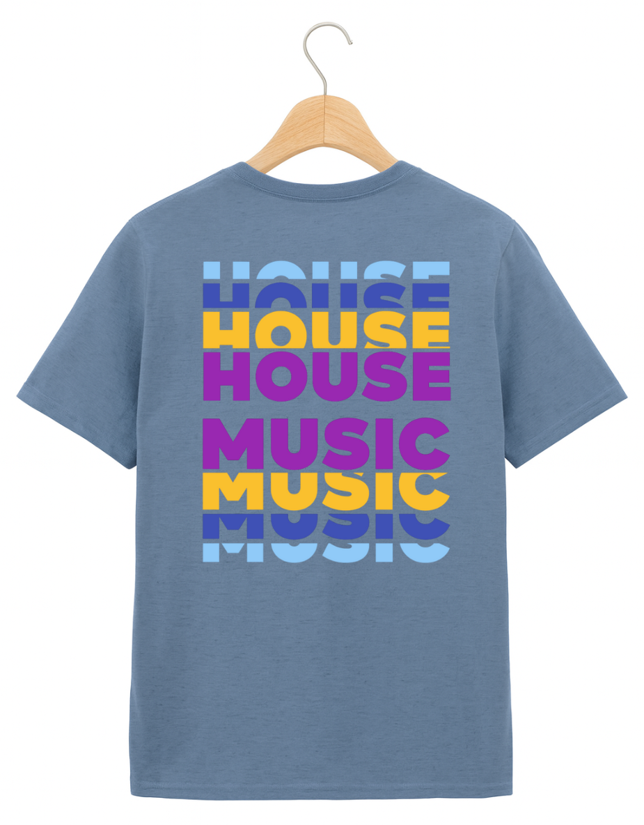 Blue t-shirt with 'House Music' text in colorful letters on a white background