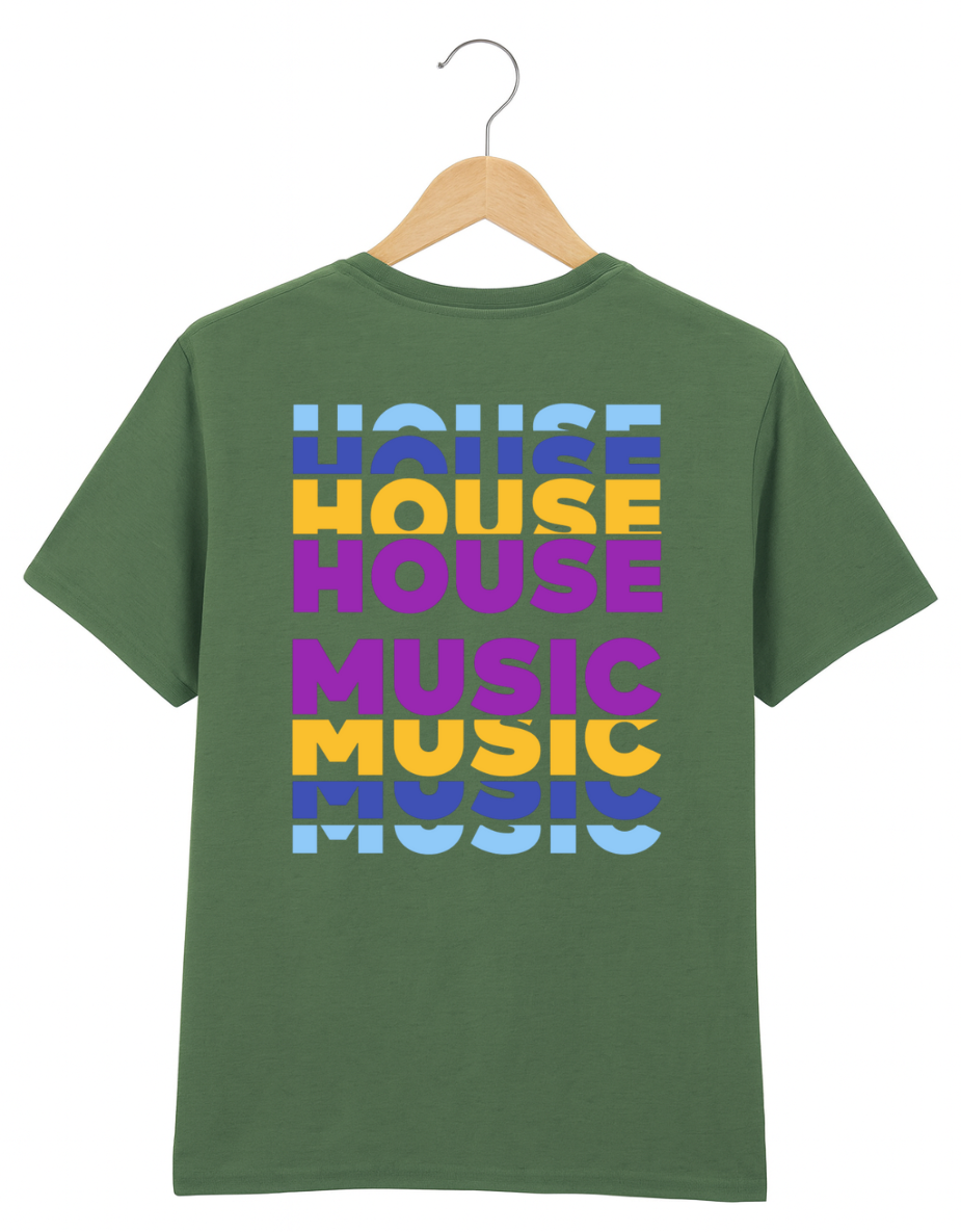 Green t-shirt with 'HOUSE MUSIC' text in colorful letters on a hanger against a white background