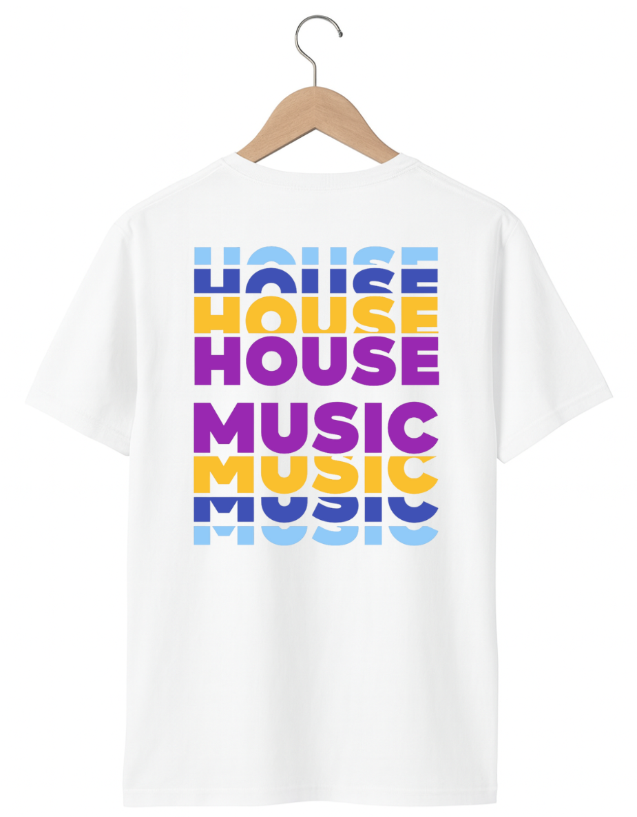 White t-shirt with 'HOUSE MUSIC' text in colorful letters on a white background