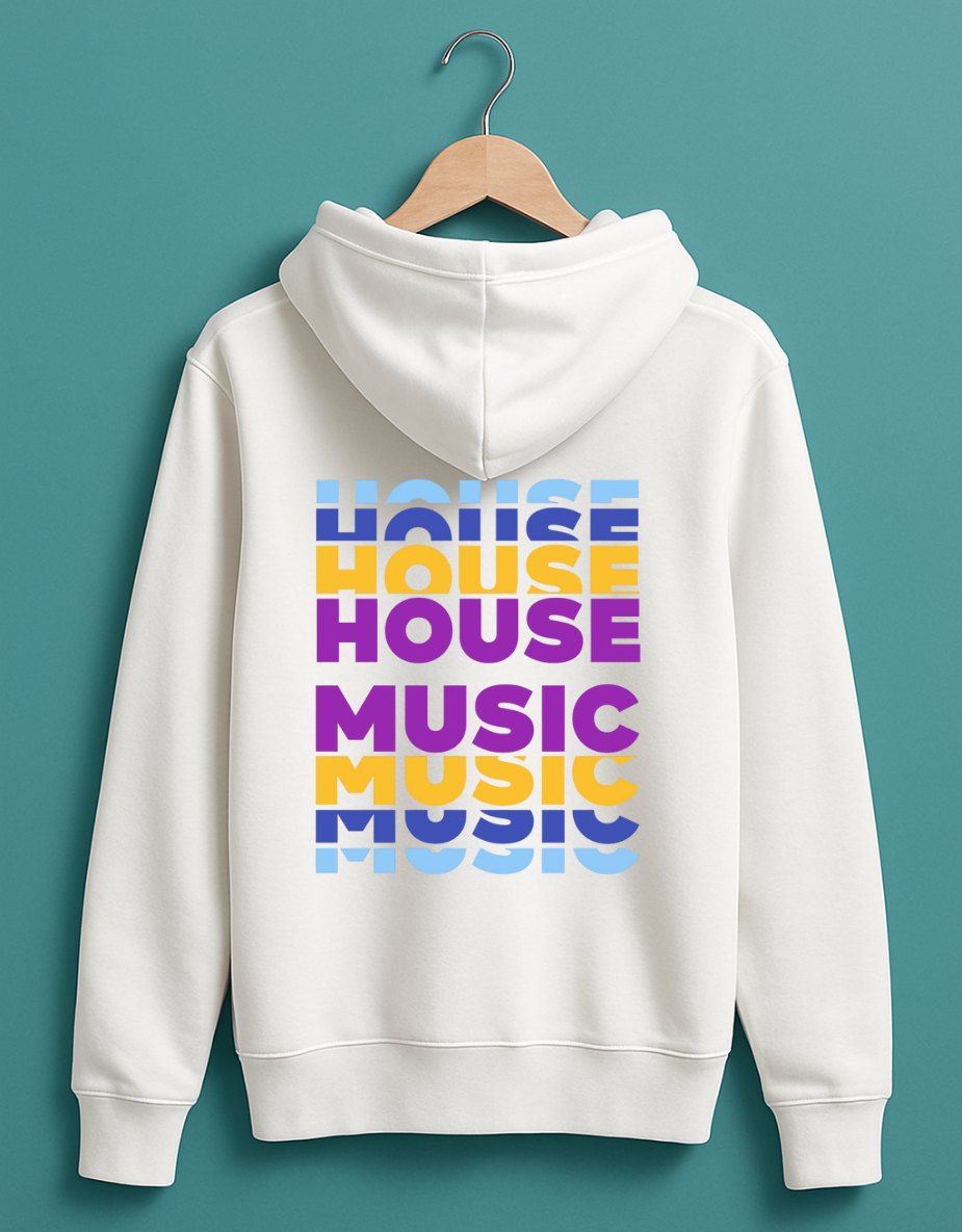 White hoodie with colourful stacked “House Music” typography printed on the back
