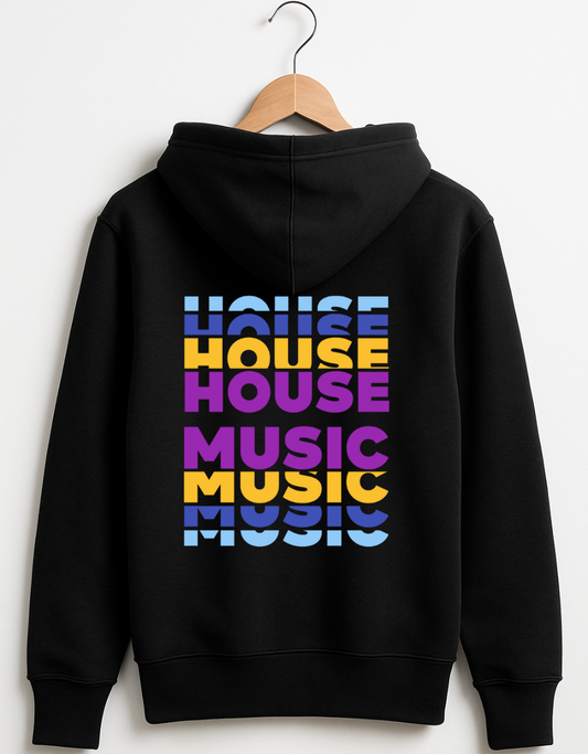 Black hoodie with colourful stacked “House Music” typography printed on the back