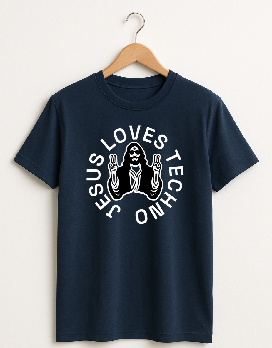 Navy t-shirt on a wooden hanger featuring a white “Jesus Loves Techno” graphic with a stylized illustration of Jesus wearing sunglasses and making peace signs.