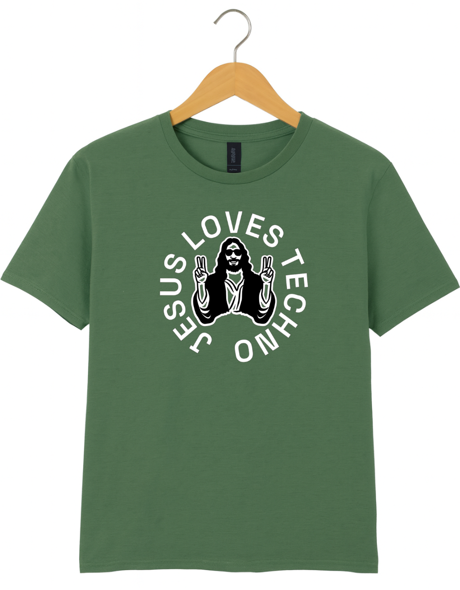Green  t-shirt on a wooden hanger featuring a white “Jesus Loves Techno” graphic with a stylized illustration of Jesus wearing sunglasses and making peace signs.