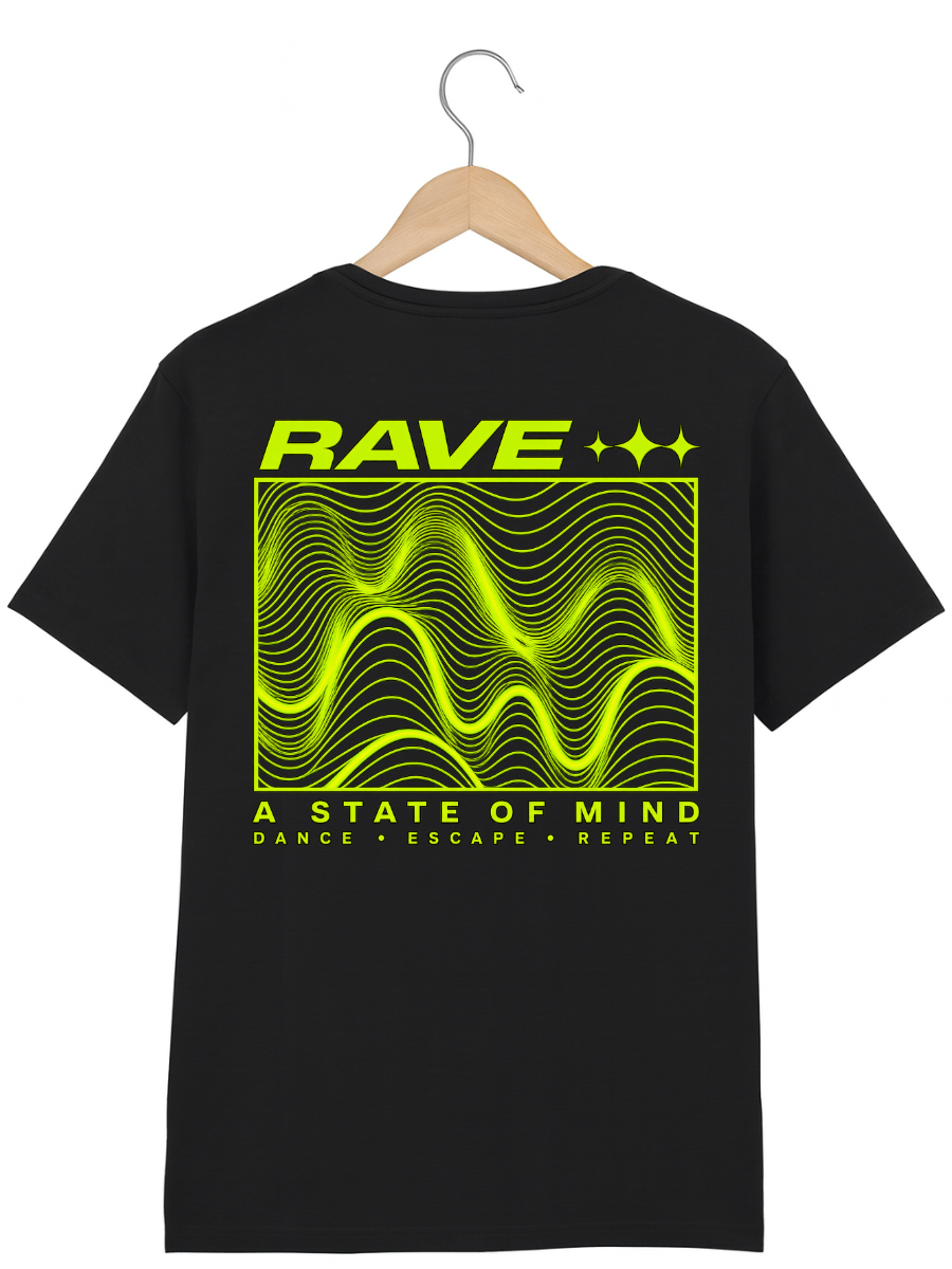 A black short-sleeve t-shirt hanging on a wooden hanger against a white background, featuring a large neon yellow-green graphic on the back with the text 'RAVE' and 'A STATE OF MIND'.
