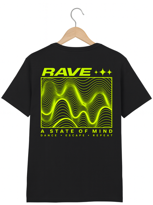 A black short-sleeve t-shirt hanging on a wooden hanger against a white background, featuring a large neon yellow-green graphic on the back with the text 'RAVE' and 'A STATE OF MIND'.