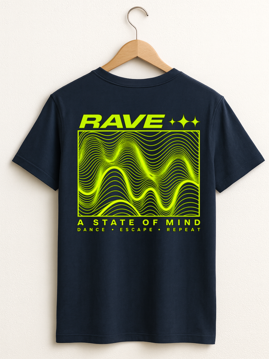 A navy blue short-sleeve t-shirt hanging on a wooden hanger against a light beige wall. The back of the shirt features a large graphic print with the word 'RAVE' in neon yellow-green above a wavy grid pattern, and 'A STATE OF MIND' with 'DANCE • ESCAPE • REPEAT' below.