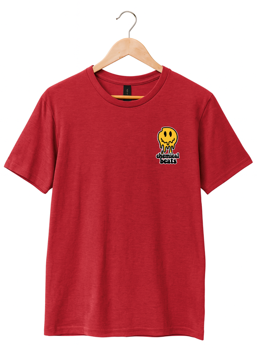 Red t-shirt with a small logo on a hanger against a white background