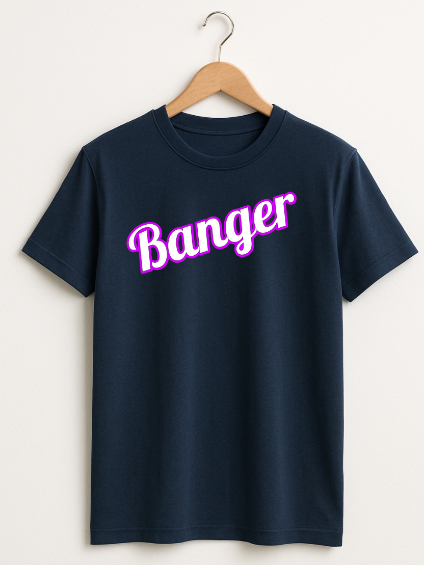 Navy blue t-shirt with 'Banger' in pink text on a hanger against a white background