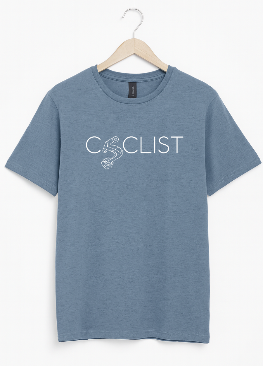Blue t-shirt with 'Cyclist' text and graphic on a hanger against a white background