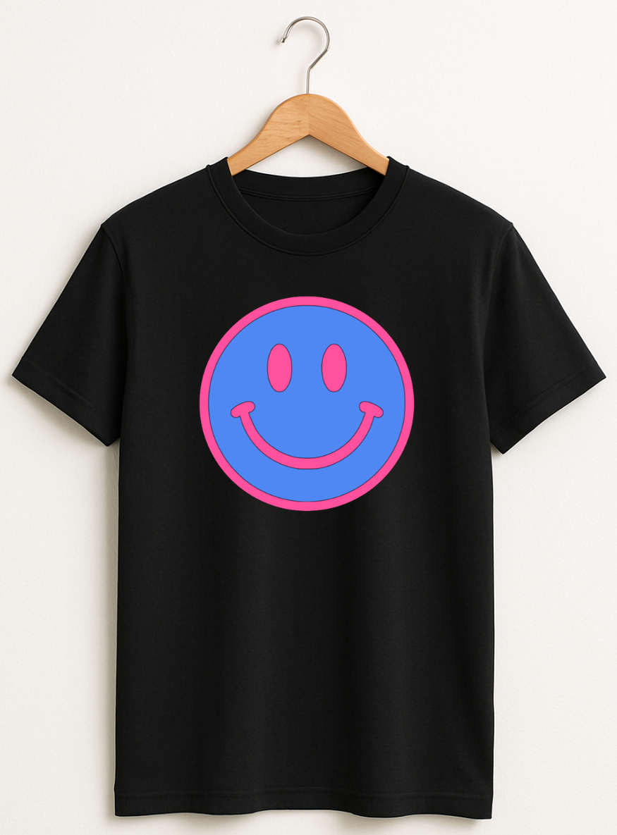 Neon Blue & Pink Smiley Face Graphic T-Shirt | Retro Happy Vibes Tee