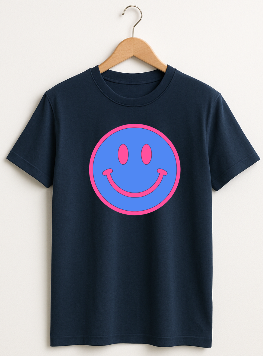 Neon Blue & Pink Smiley Face Graphic T-Shirt | Retro Happy Vibes Tee