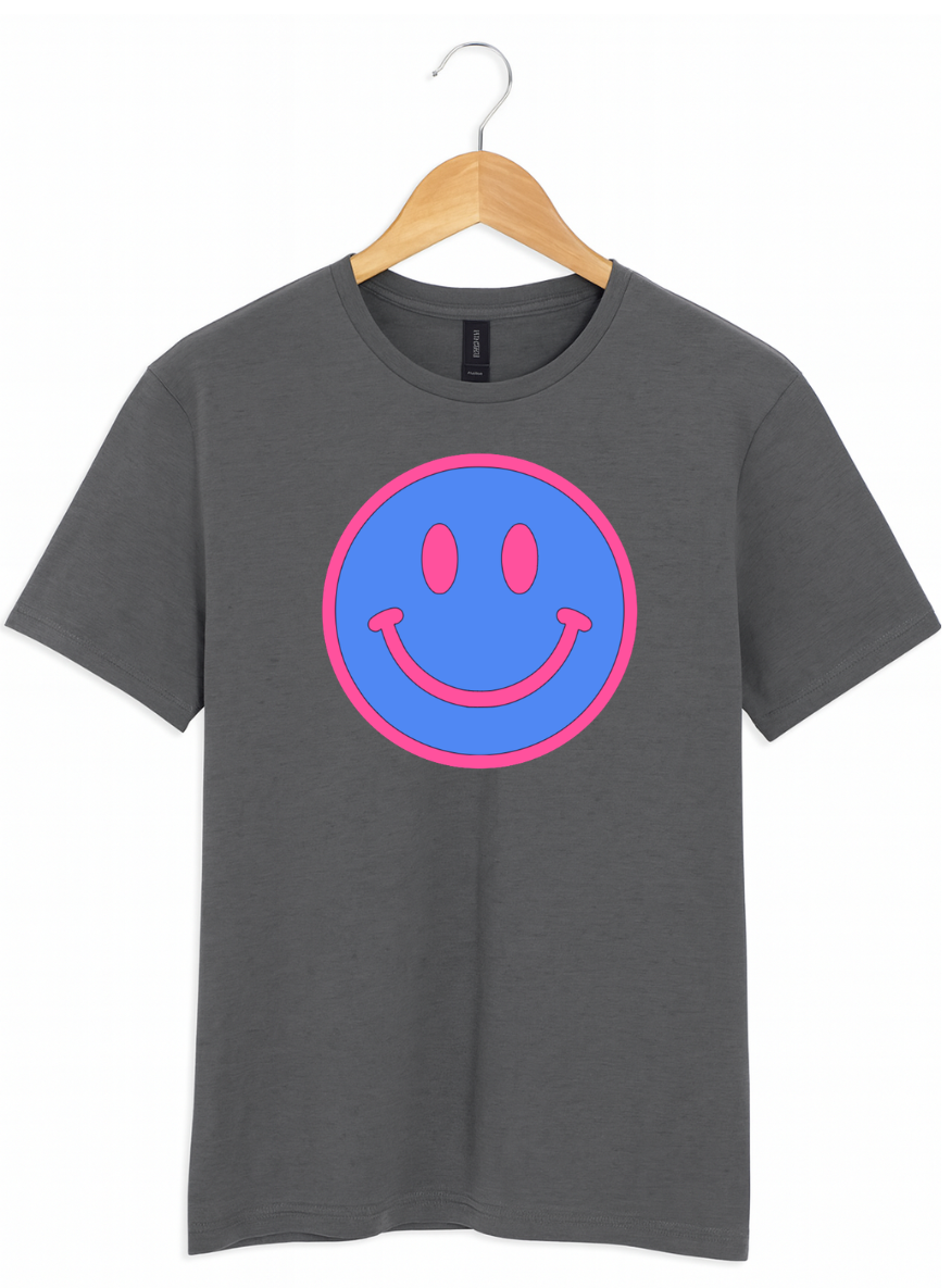 Neon Blue & Pink Smiley Face Graphic T-Shirt | Retro Happy Vibes Tee