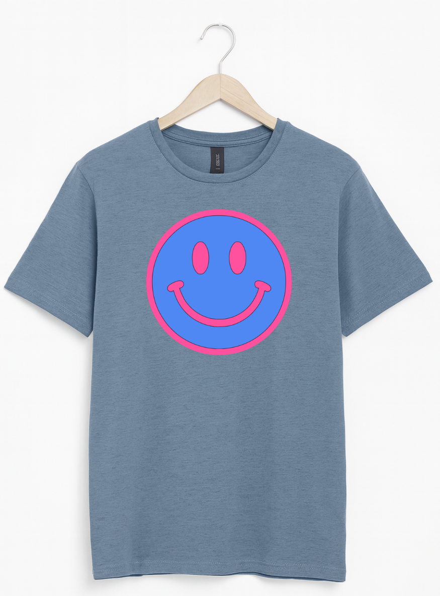 Neon Blue & Pink Smiley Face Graphic T-Shirt | Retro Happy Vibes Tee