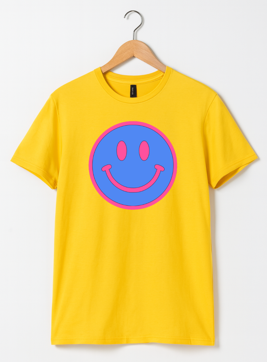 Neon Blue & Pink Smiley Face Graphic T-Shirt | Retro Happy Vibes Tee