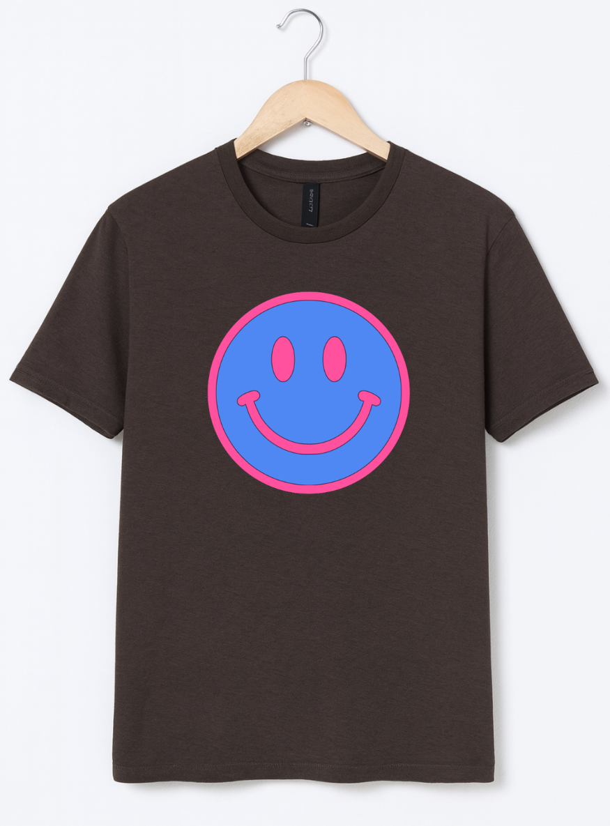 Neon Blue & Pink Smiley Face Graphic T-Shirt | Retro Happy Vibes Tee