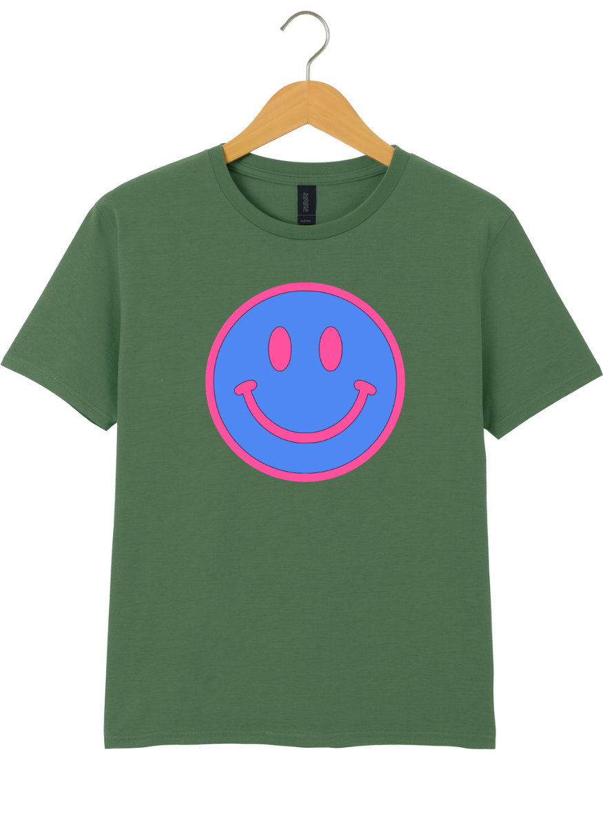 Neon Blue & Pink Smiley Face Graphic T-Shirt | Retro Happy Vibes Tee