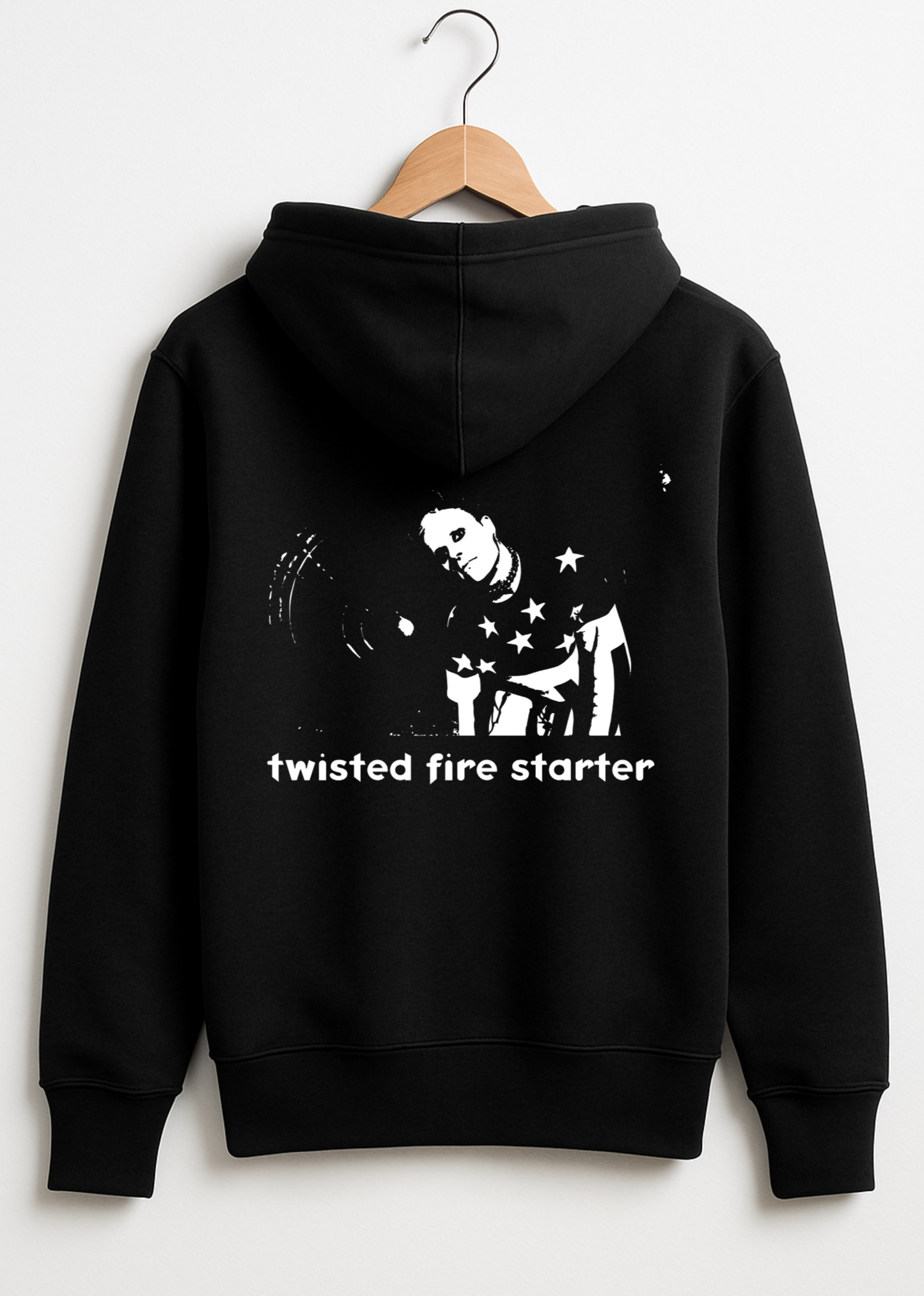 Black hoodie with graphic design and text on a white background