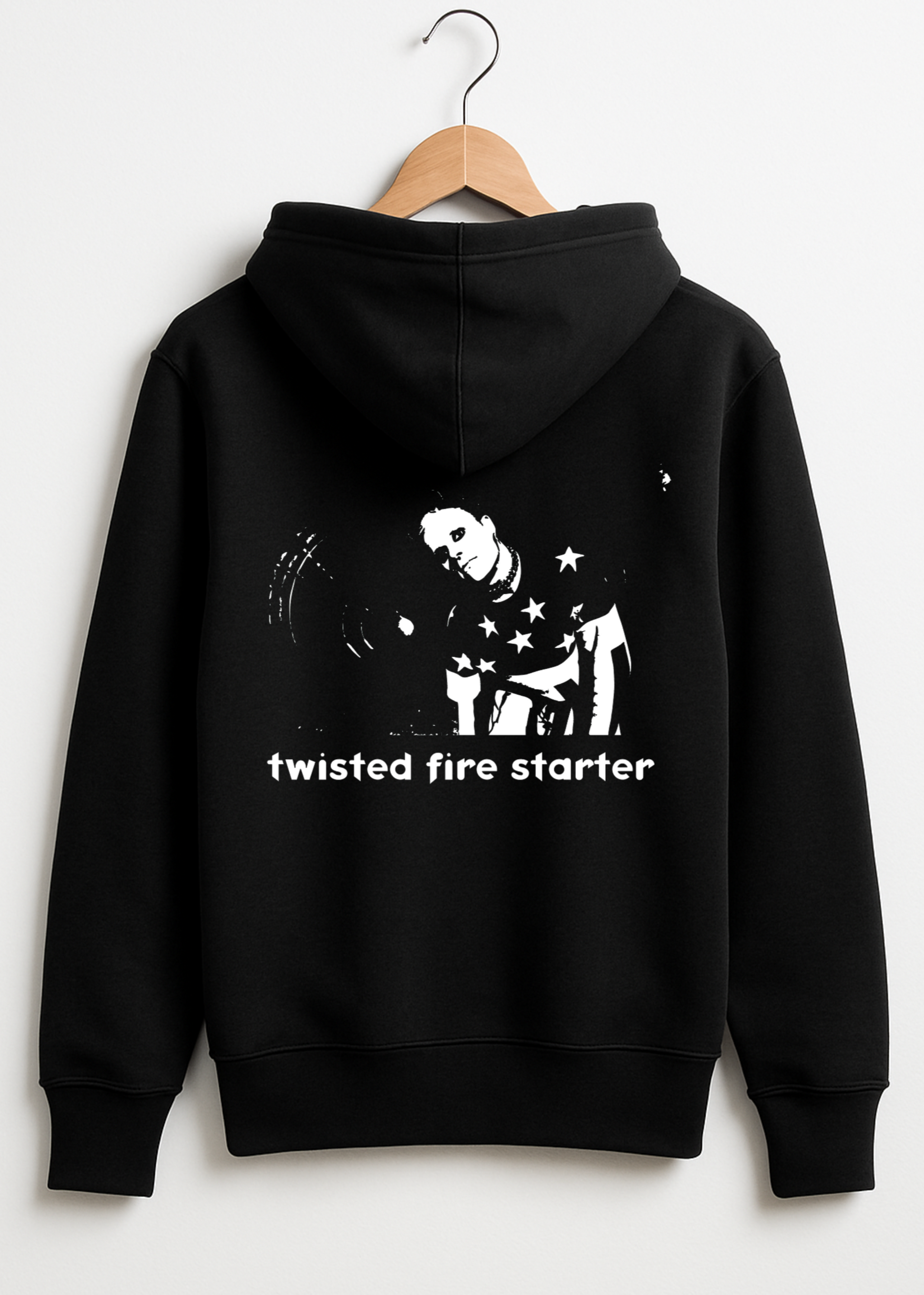 Black hoodie with graphic design and text on a white background